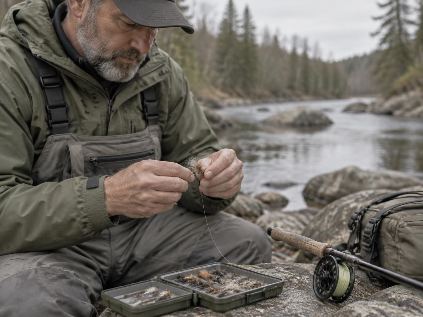 An angler preparing fishing tackle beside a river