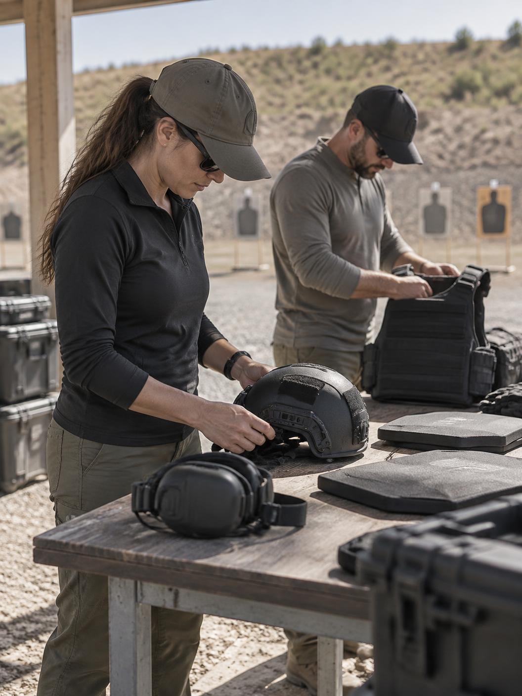 Law enforcement professionals preparing protective equipment during field training